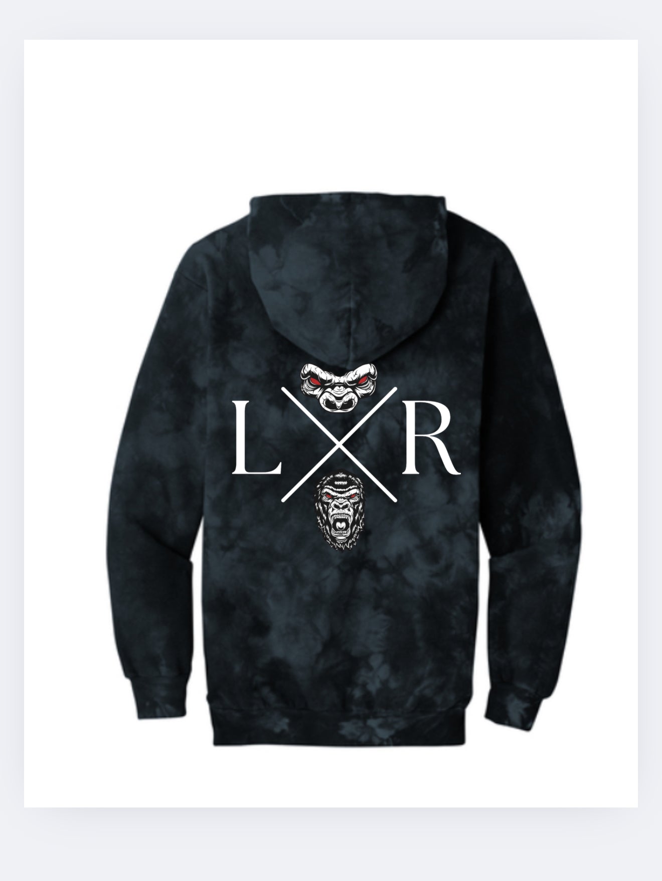 Black tie-dye hoodie with 'LXR' logo on the back against a white background