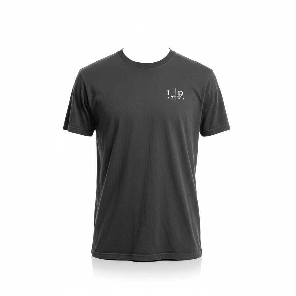 Black t-shirt with a logo on the chest against a white background