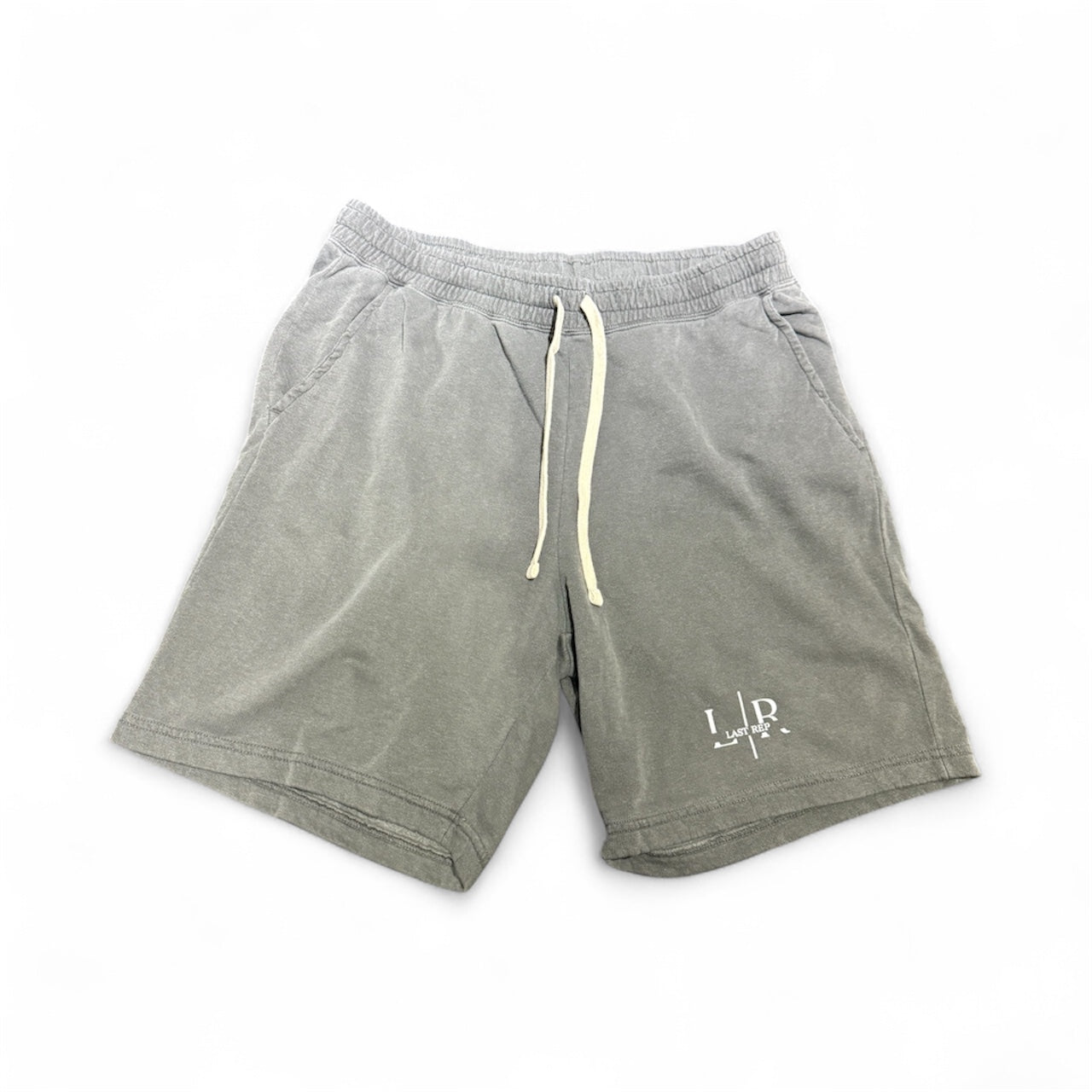 Gray shorts with a drawstring on a white background