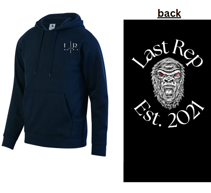 Black hoodie with 'Last Rep' and 'EST 2021' text on the front and back, featuring a logo and a screaming face graphic on the front.