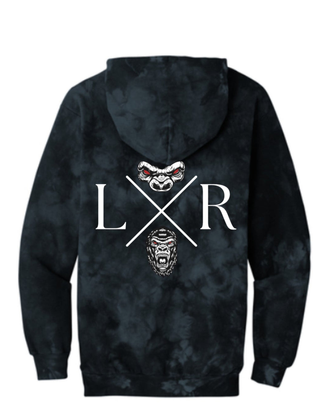 Black tie-dye hoodie with 'LXR' logo on the back against a white background