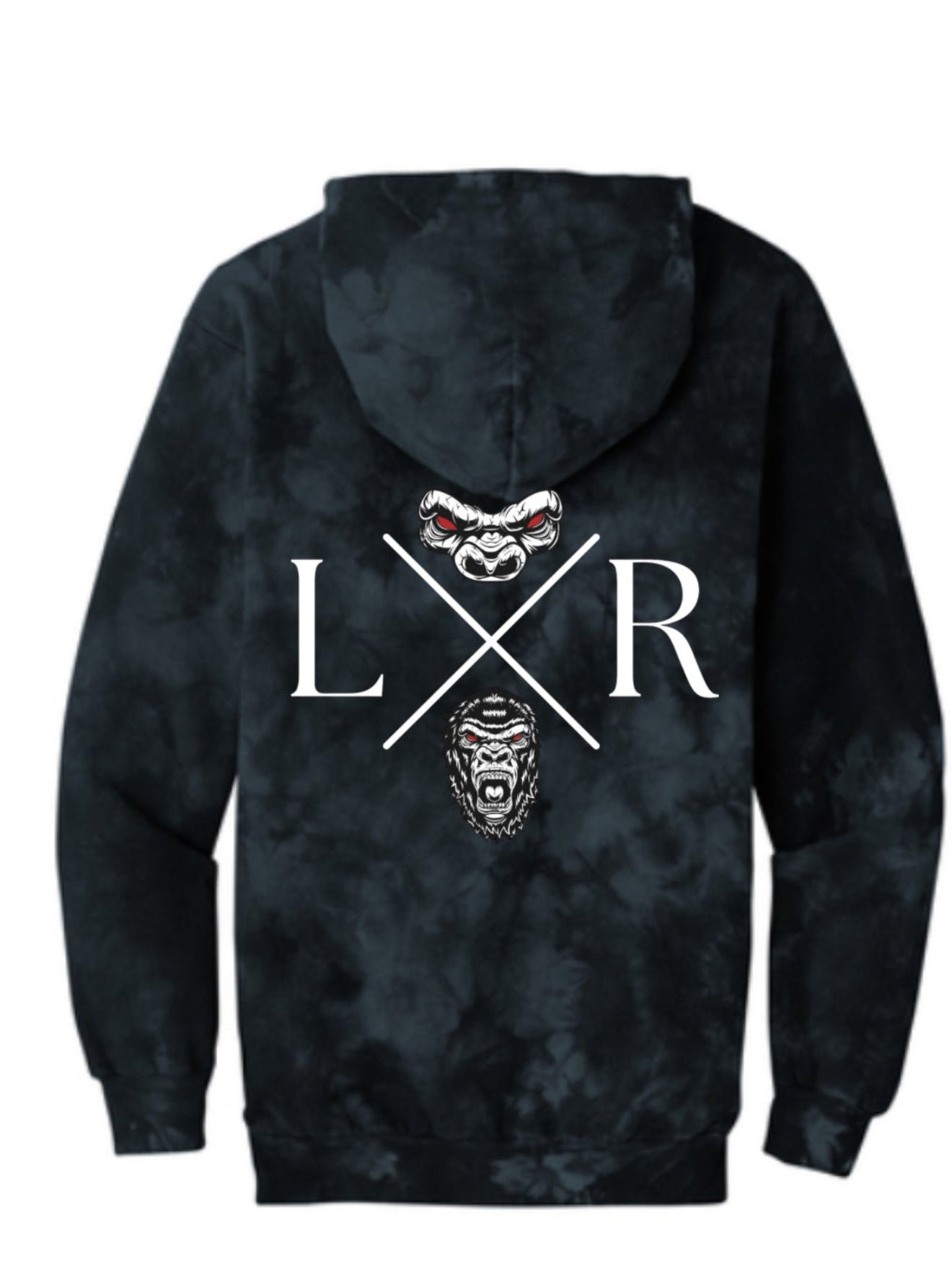 Black tie-dye hoodie with 'LXR' logo on the back against a white background