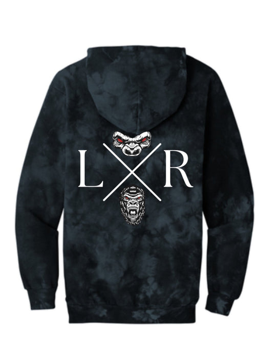 Black tie-dye hoodie with 'LXR' logo on the back against a white background