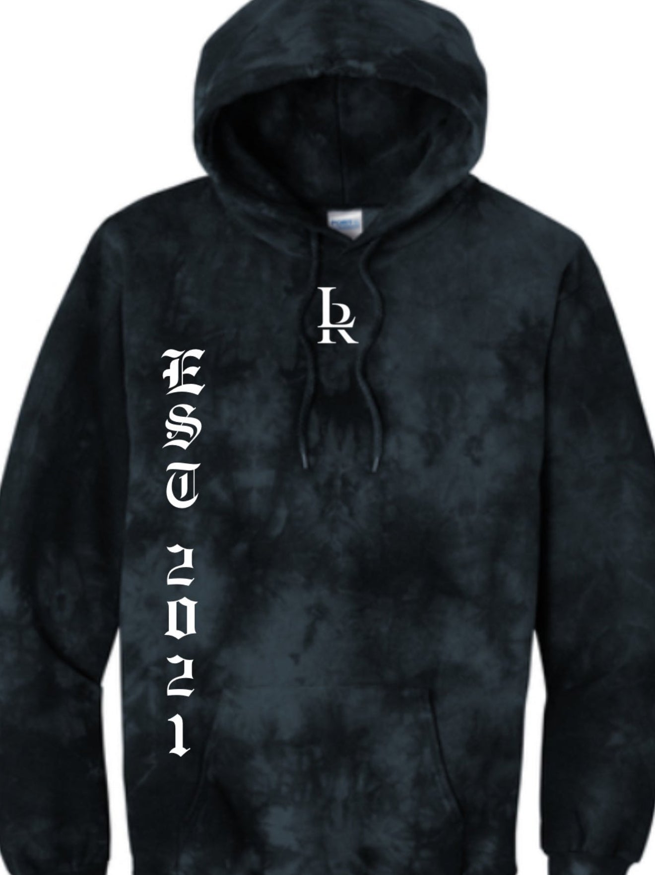 Black tie-dye hoodie with white text and logo on a white background
