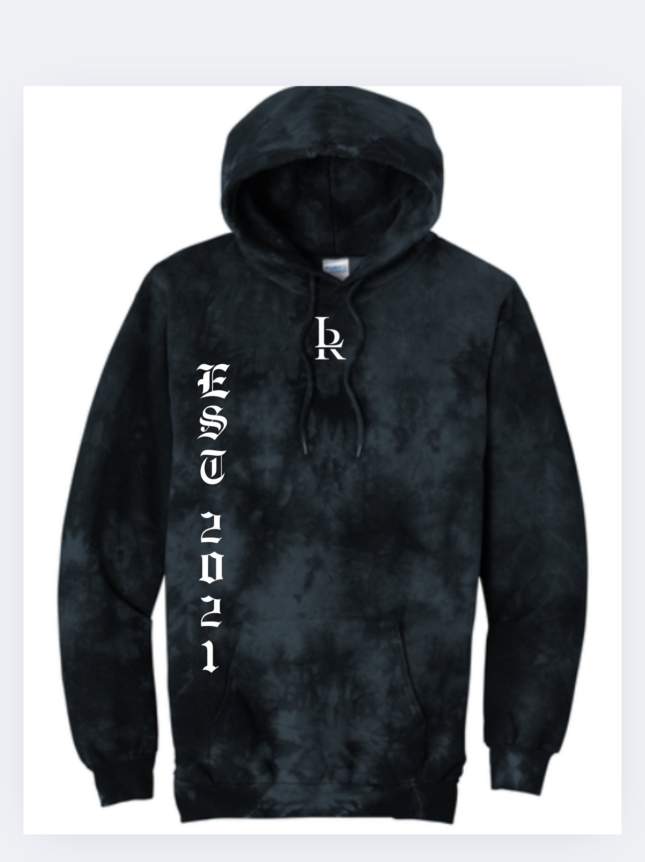 Black tie-dye hoodie with white text and logo on a white background