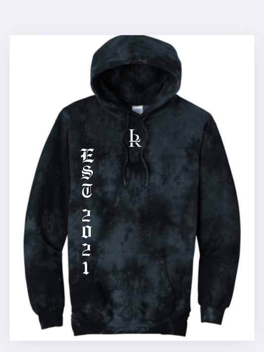 Black tie-dye hoodie with white text and logo on a white background