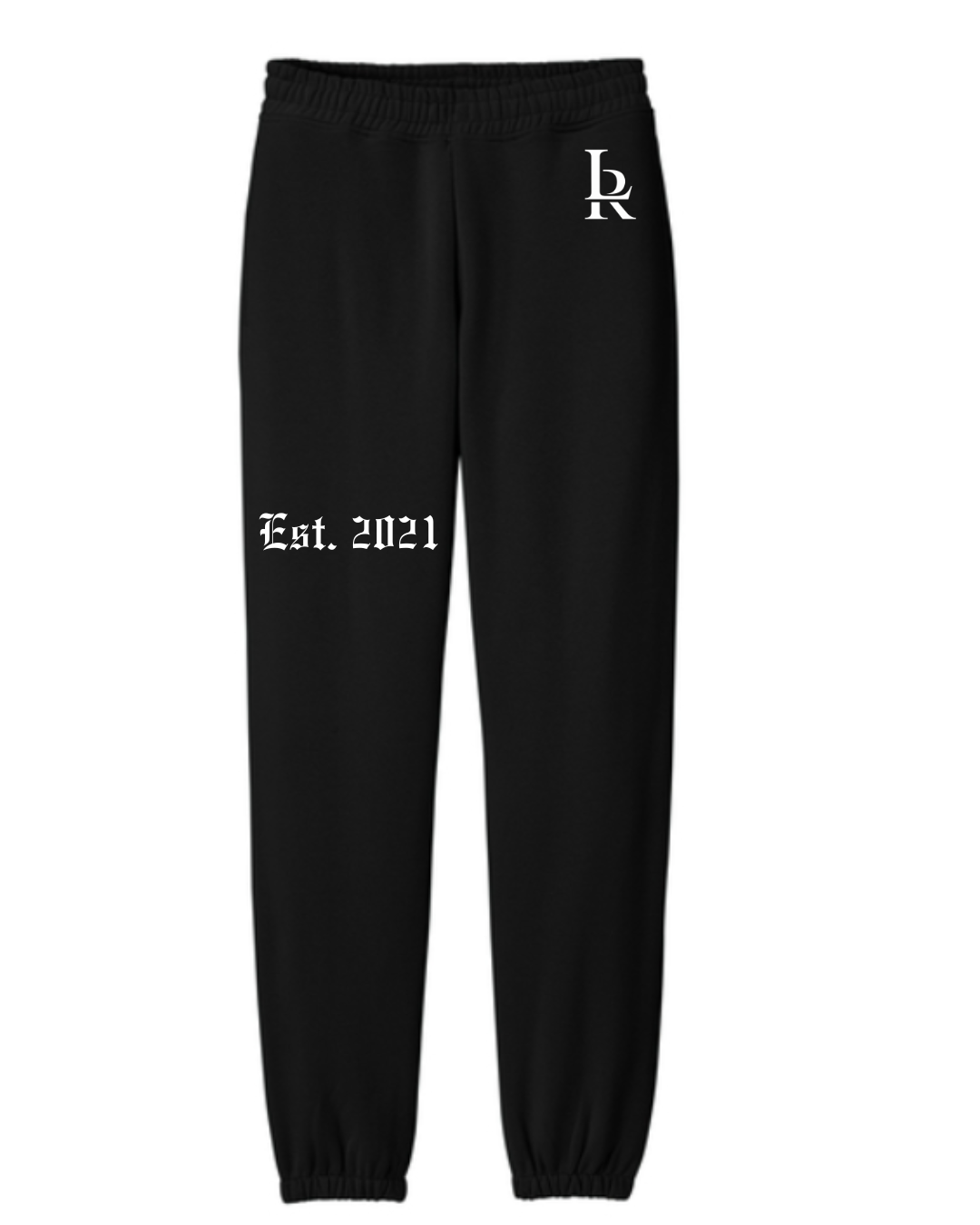 Black sweatpants with 'LR' logo and 'Est. 2021' text on a white background