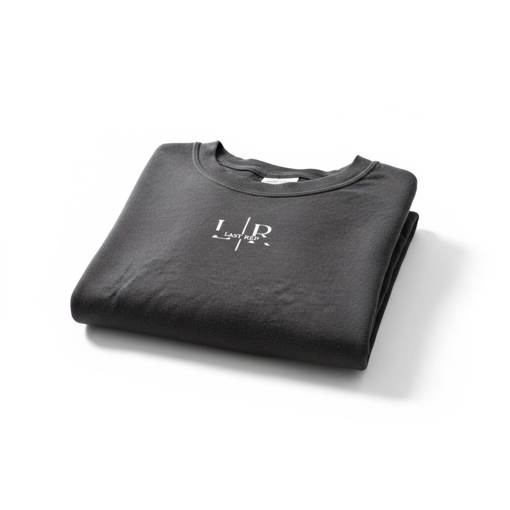 Folded black t-shirt with a logo on a white background
