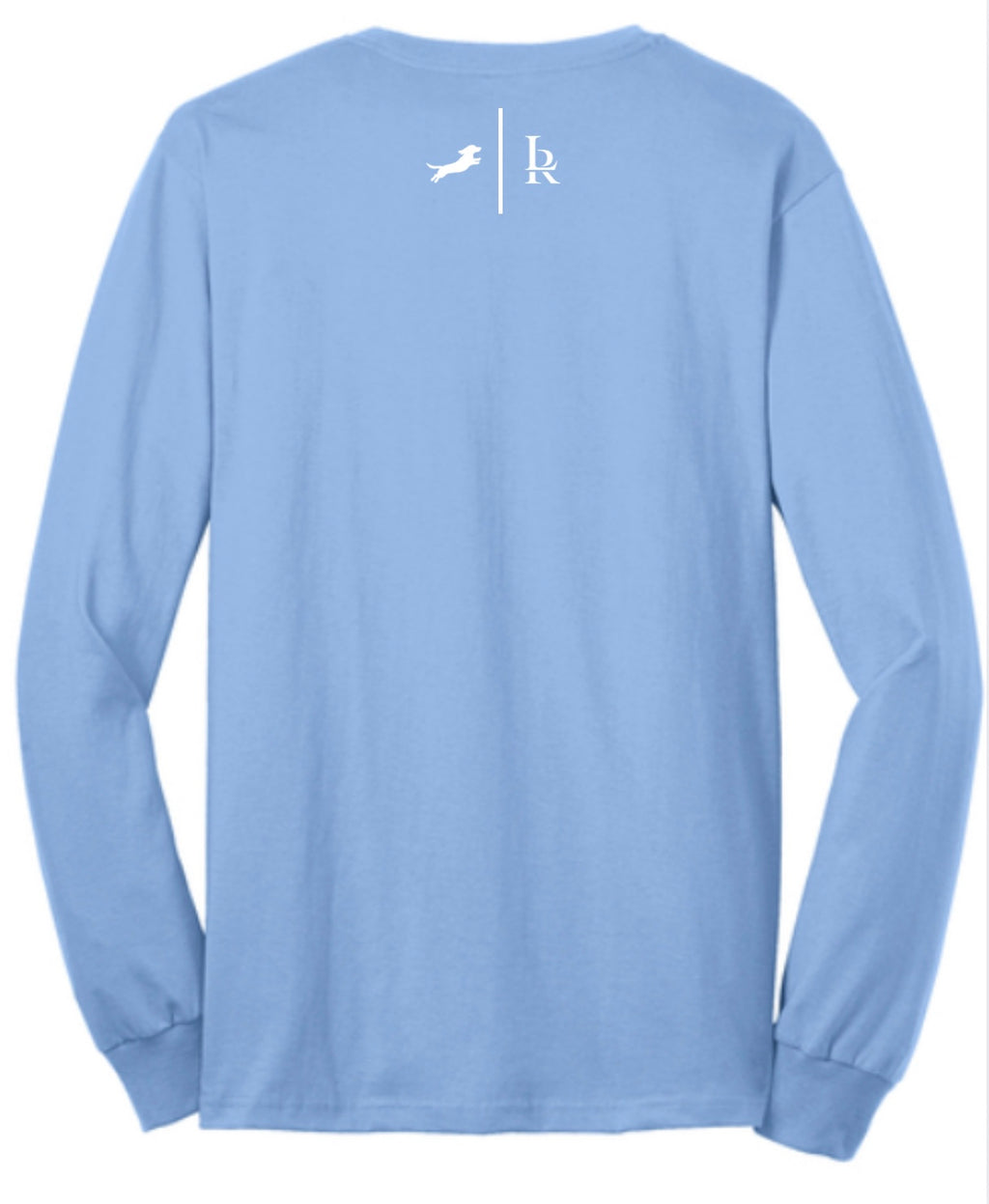 Light blue long-sleeve shirt with a logo on the back against a white background