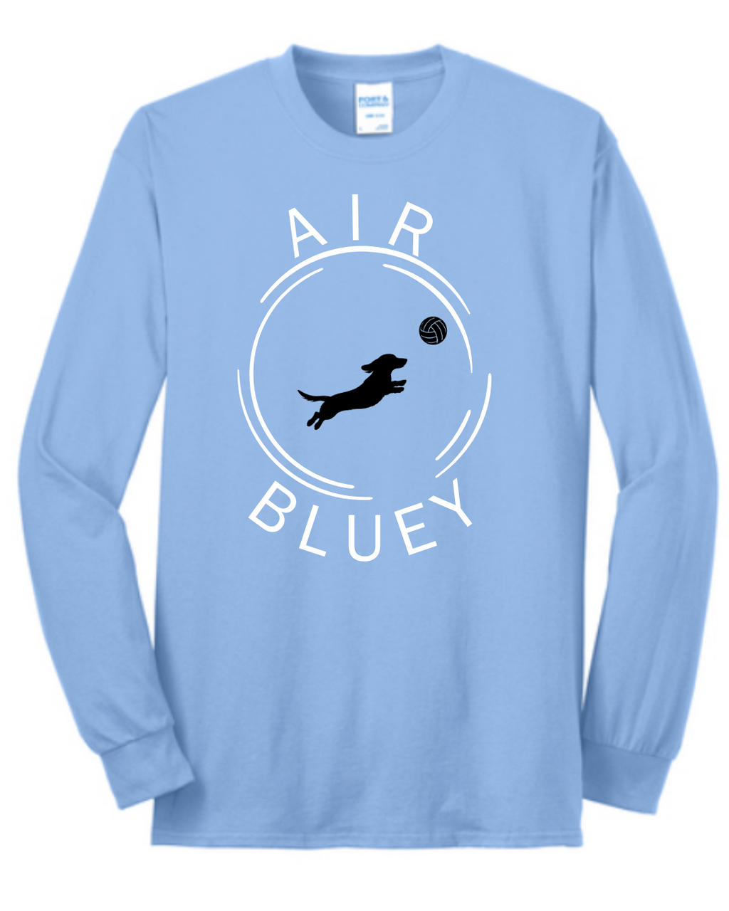 Light blue long-sleeve shirt with 'AIR BLUEY' design featuring a dog and ball on a white background