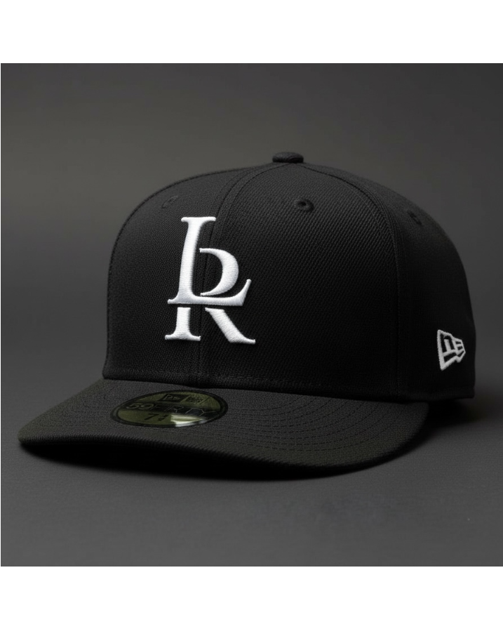 Black cap with white logo on a gray background