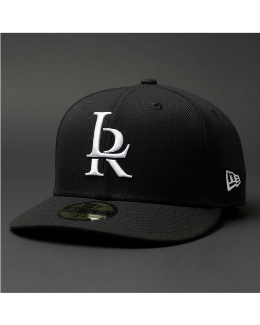Black cap with white logo on a gray background