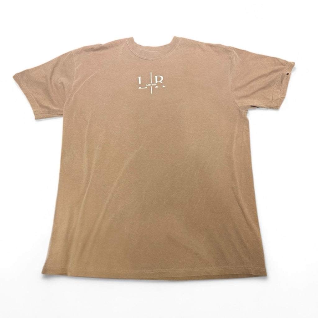 Brown t-shirt with a logo on the chest against a white background
