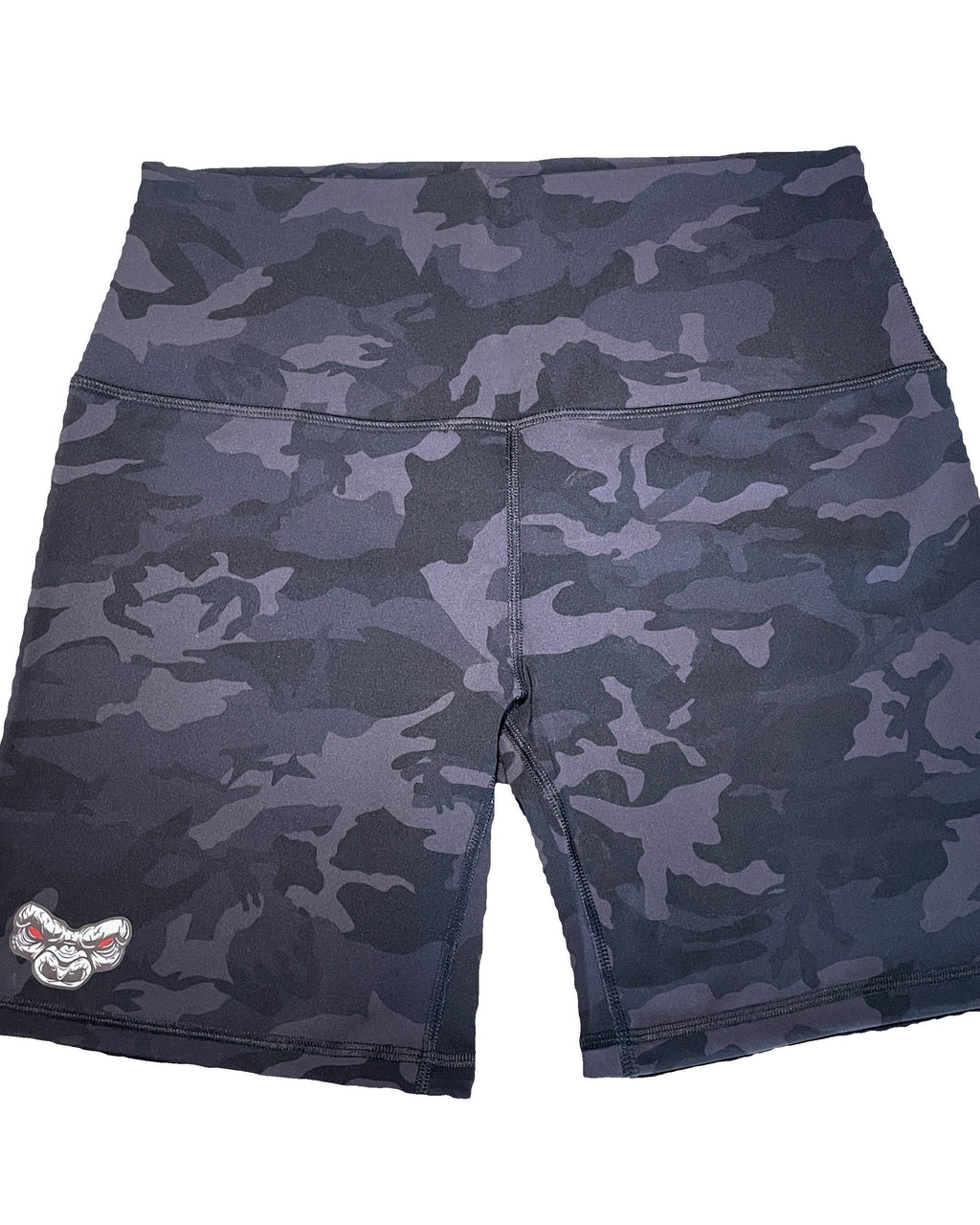Camouflage-patterned biker shorts on a white background