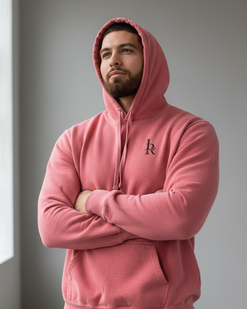 Man wearing a pink hoodie with a logo, standing indoors against a neutral background