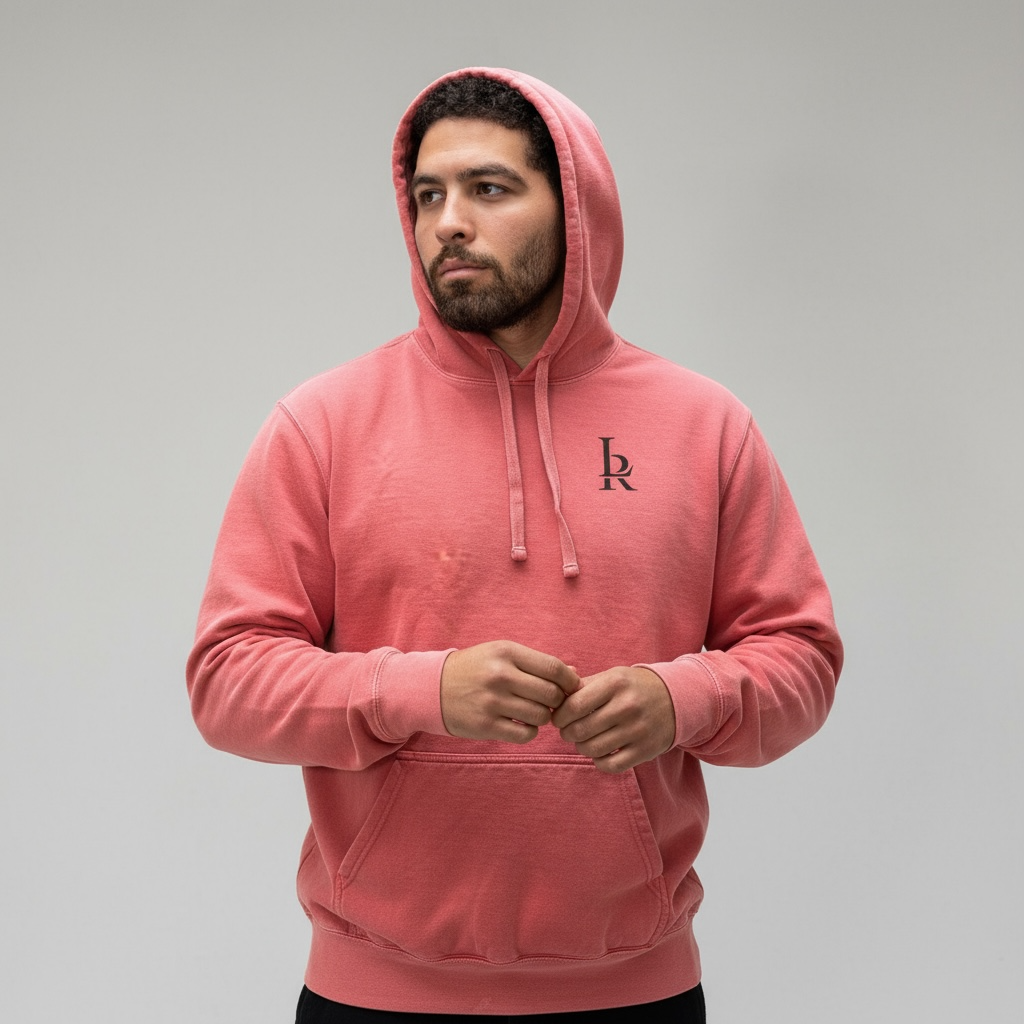 Man wearing a pink hoodie with a logo on a gray background