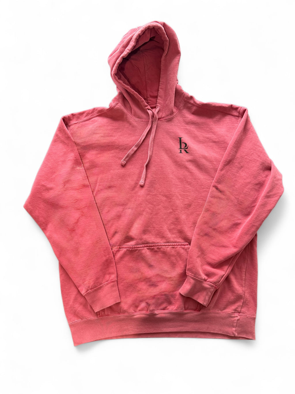 Pink/red hoodie with a logo on a white background