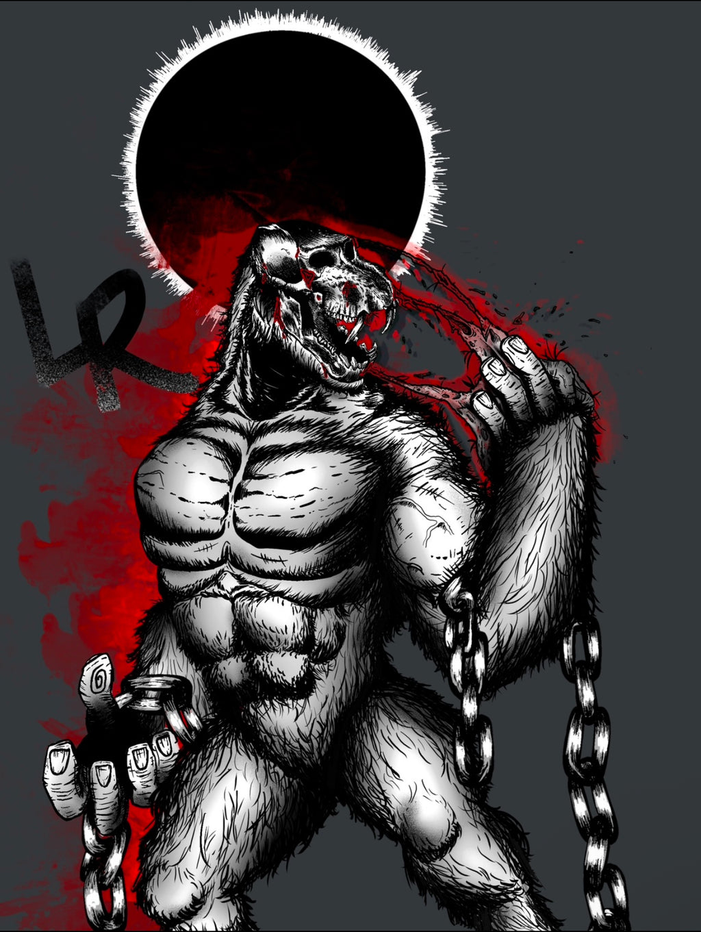 Illustration of a muscular creature with chains and a red background