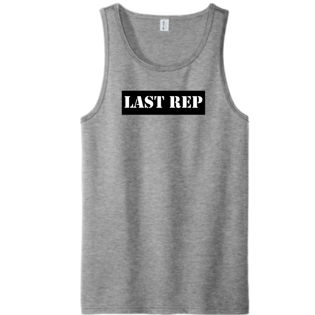 Gray tank top with 'LAST REP' text on a white background