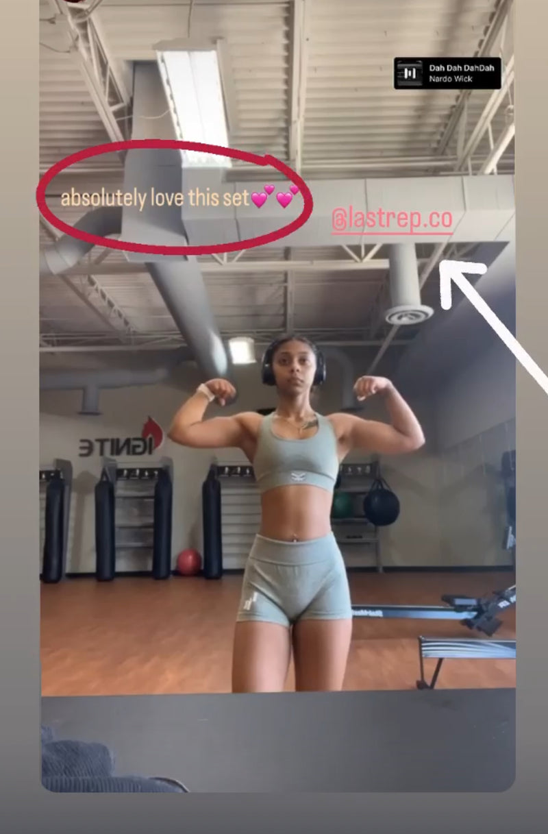 Woman flexing muscles in a gym setting with text overlay