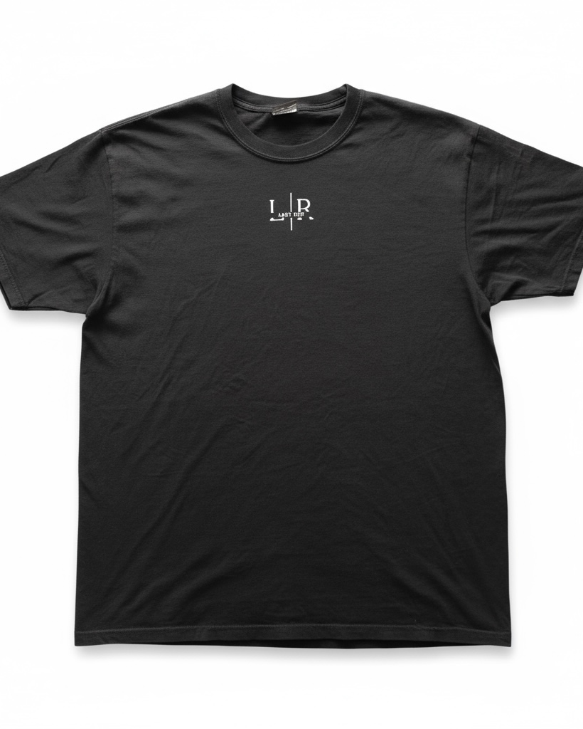 Black t-shirt with a logo on the chest against a white background