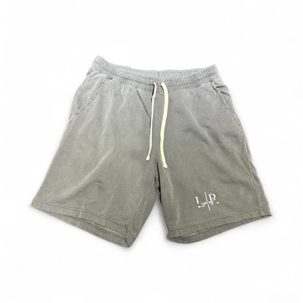 Gray shorts with a drawstring on a white background