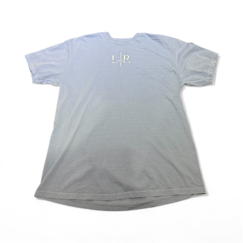 Gray t-shirt with a logo on the chest against a white background
