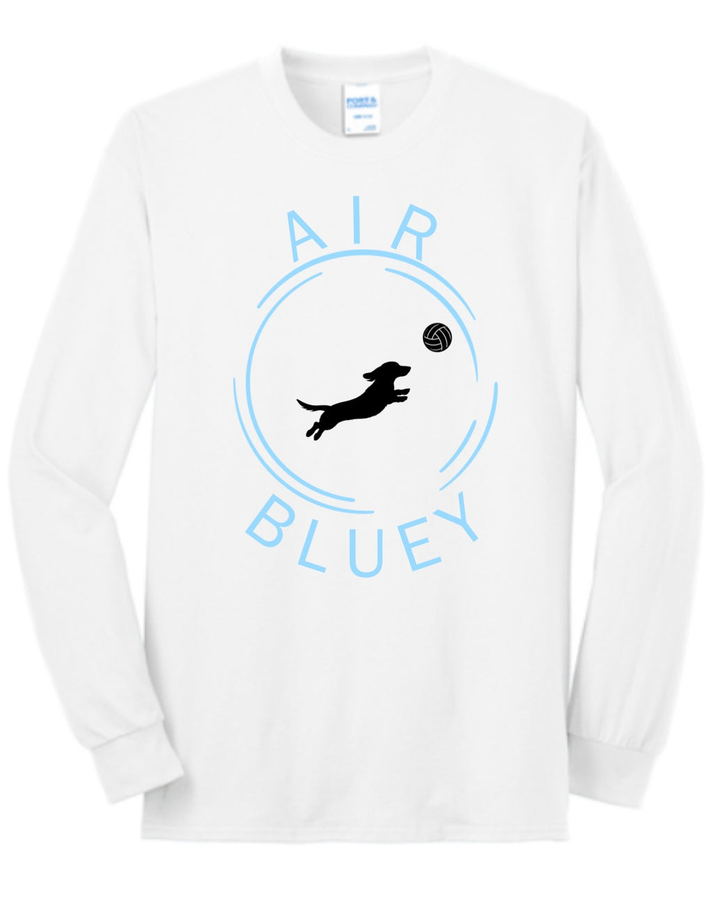 White long-sleeve shirt with a graphic of a dog and ball, and 'AIR BLUEY' text on a white background.