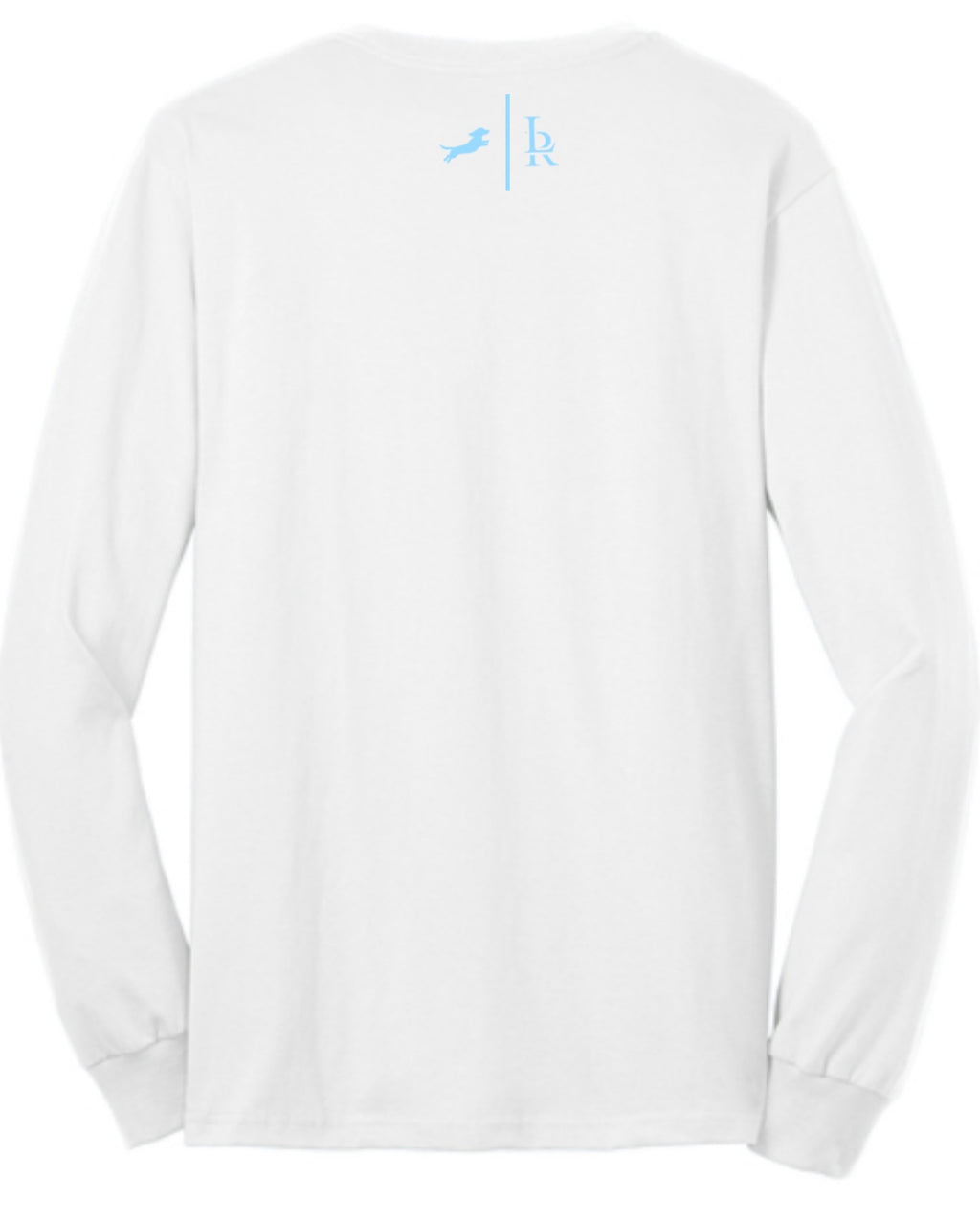 White long-sleeve shirt with a blue logo on a white background